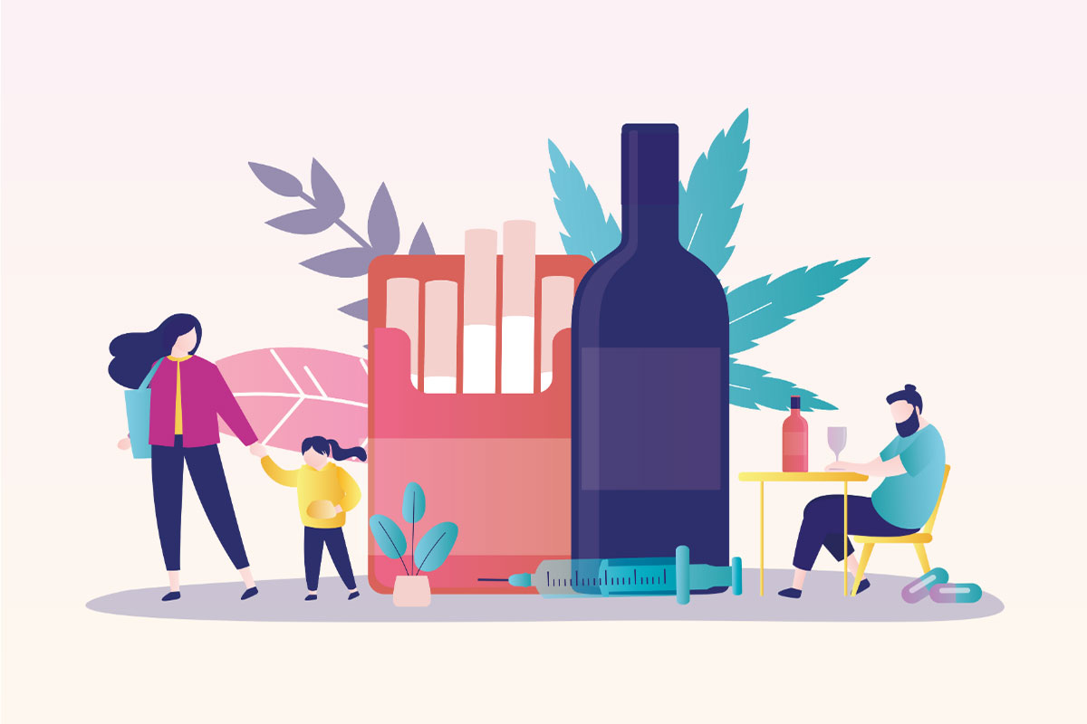 A colourful illustration showing people surrounded by drugs and alcohol