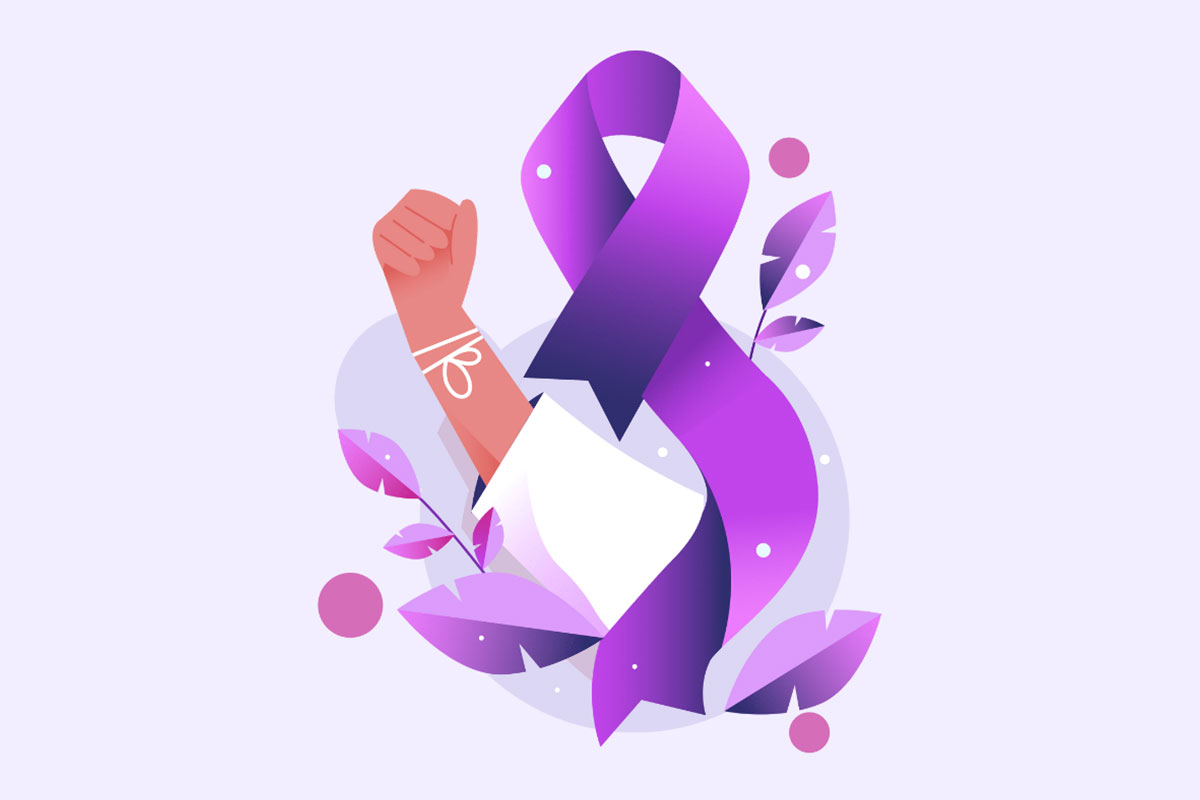 An illustration showing a ribbon representing support for those with cancer. A fist protrudes from the ribbon showing the fight against cancer.