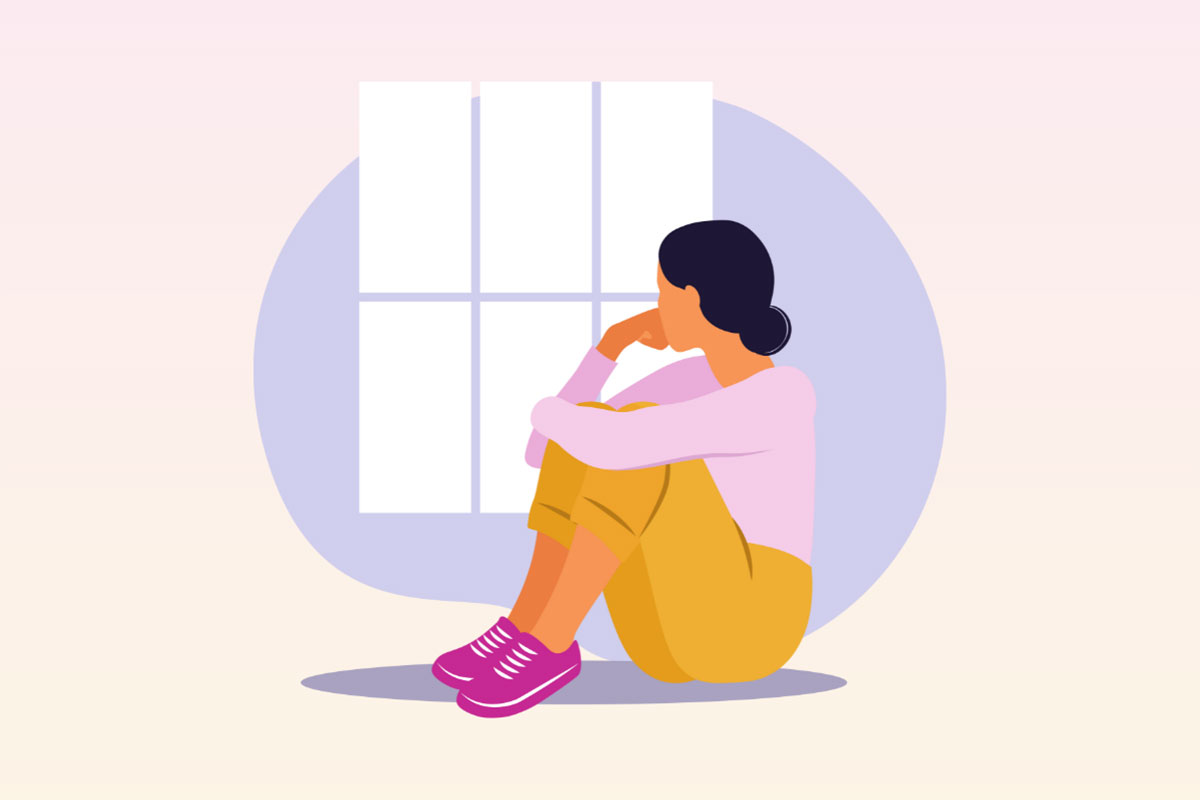 An illustration of a woman sitting on the floor and looking out of a window.