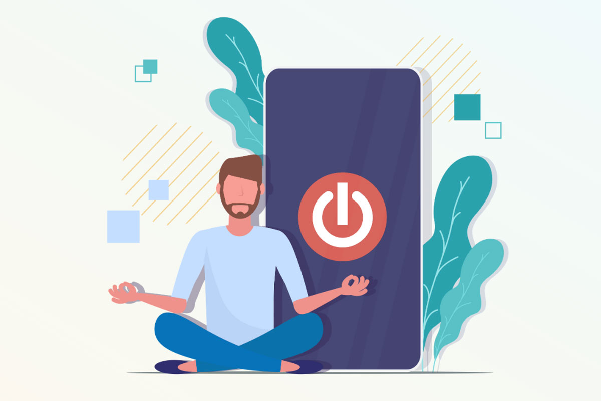 An illustration of a man sitting crosslegged and meditating in front of a phone with a power button on the screen.