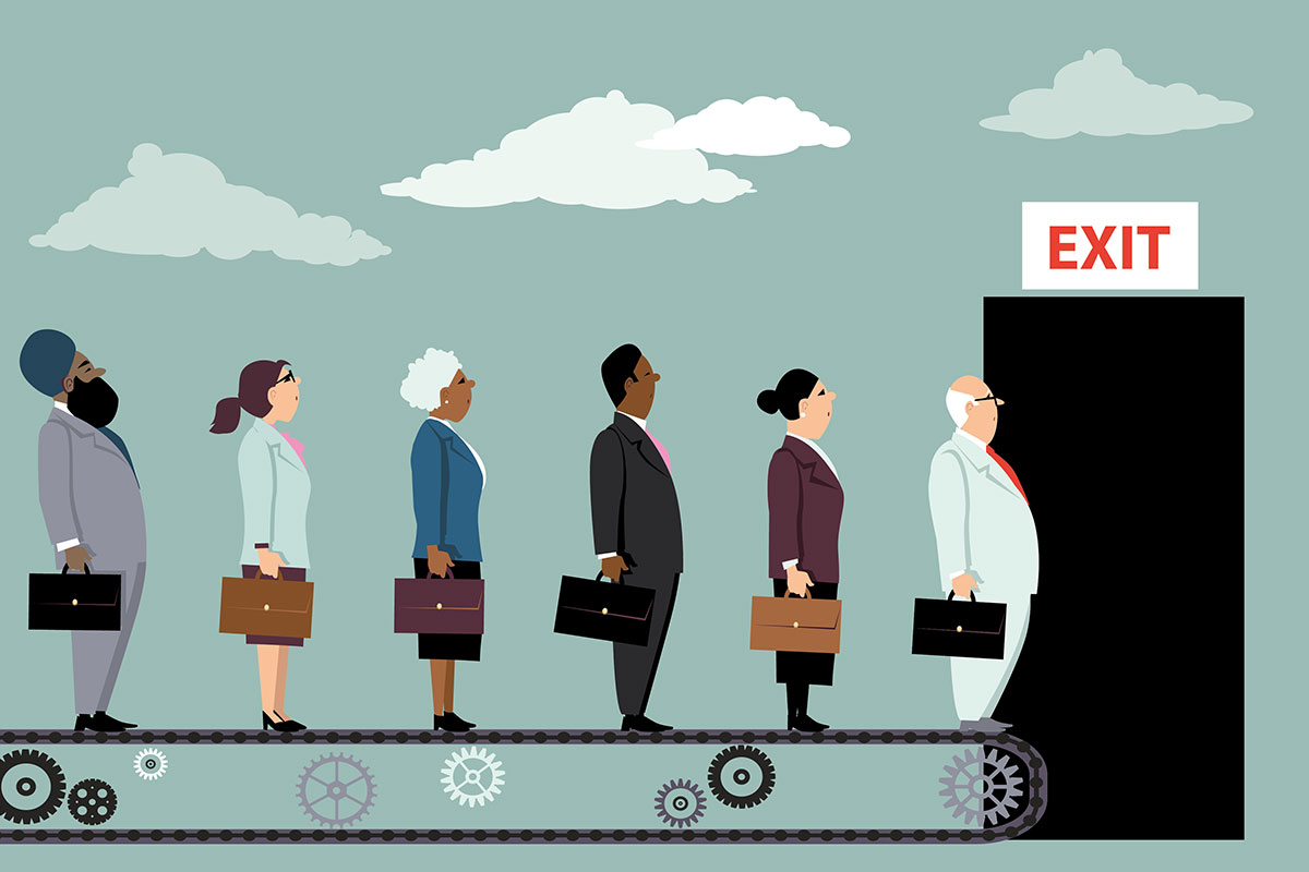 An illustration shows a diverse line of business workers holding briefcases standing on a conveyor belt moving towards a door with an exit sign above it.