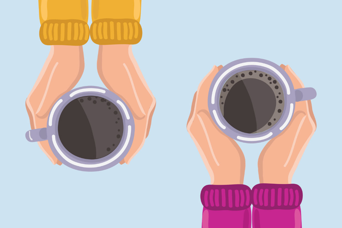 An illustration of two pairs of hands holding coffee mugs full of coffee.